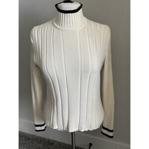 Vintage Ann Taylor Ribbed Mock Turtleneck Sweater White Black Trim Small Cotton